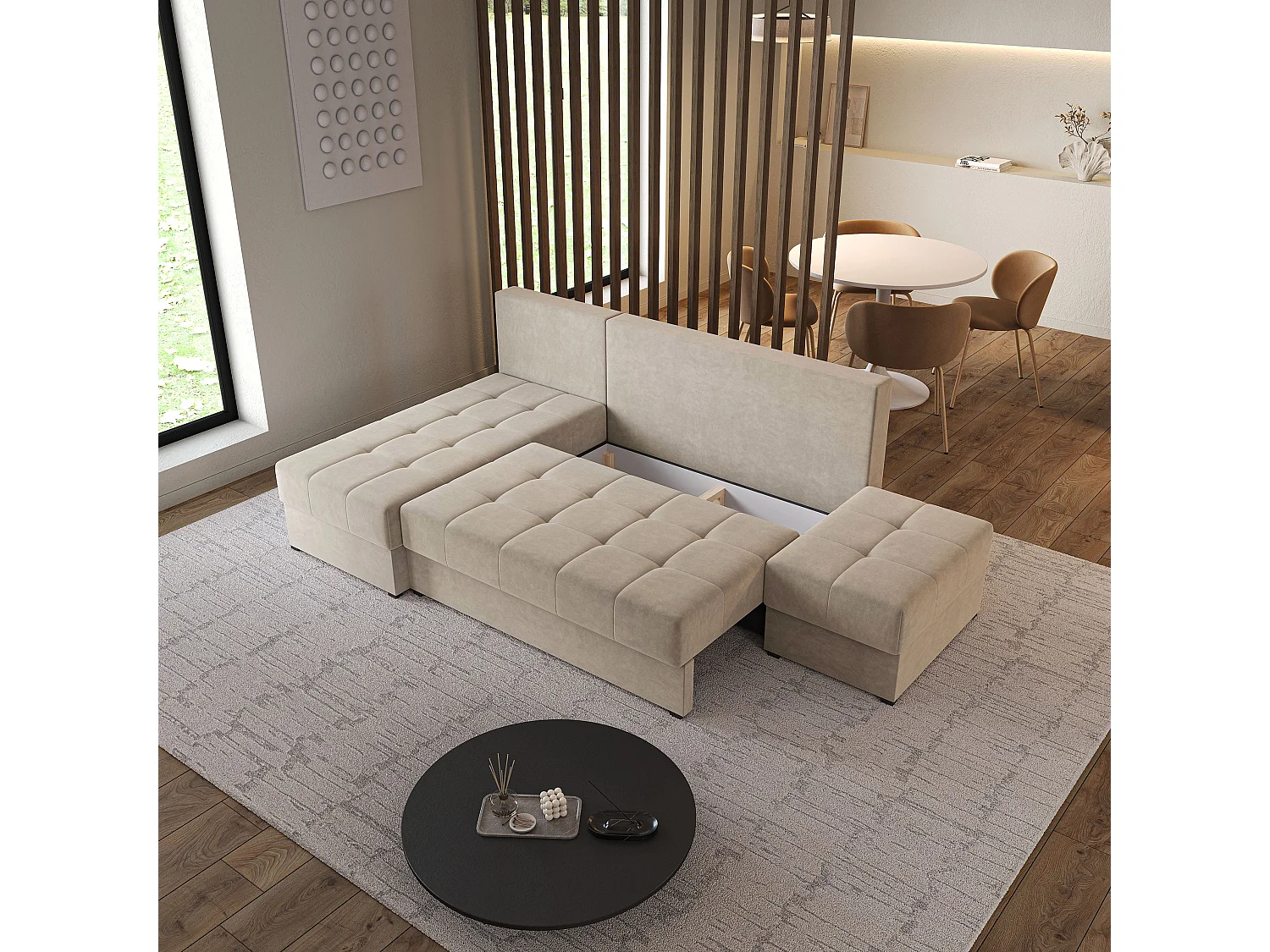 Hoekbank NORVI van fluweel met slaapfunctie Beige