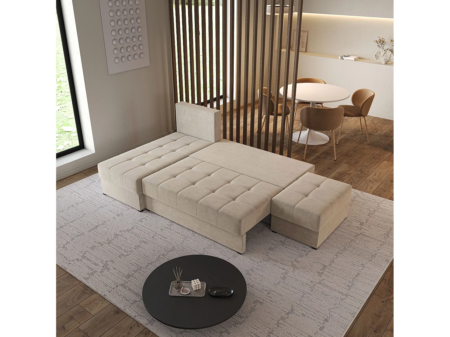 Hoekbank NORVI van fluweel met slaapfunctie Beige