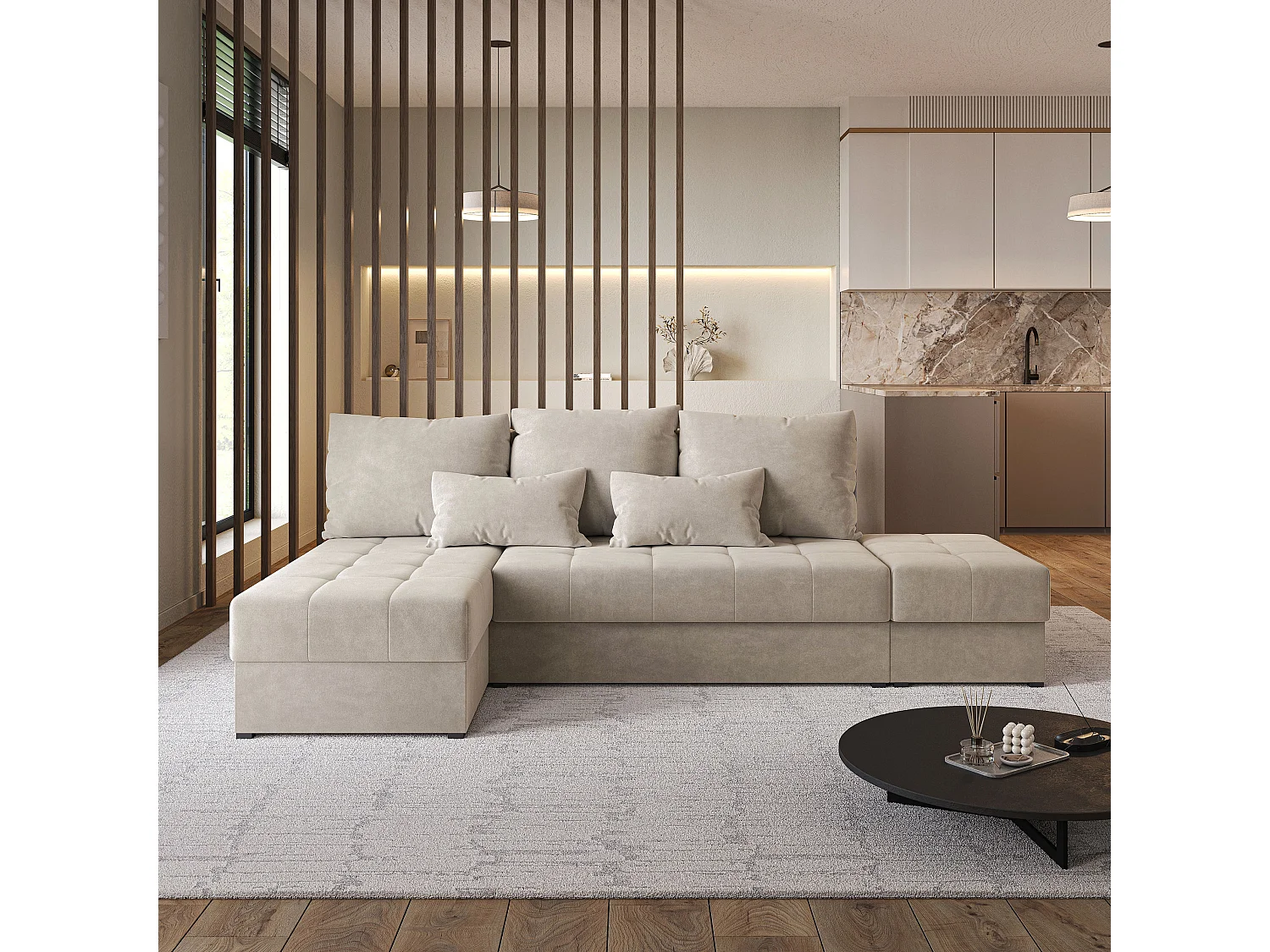 Hoekbank NORVI van fluweel met slaapfunctie Beige