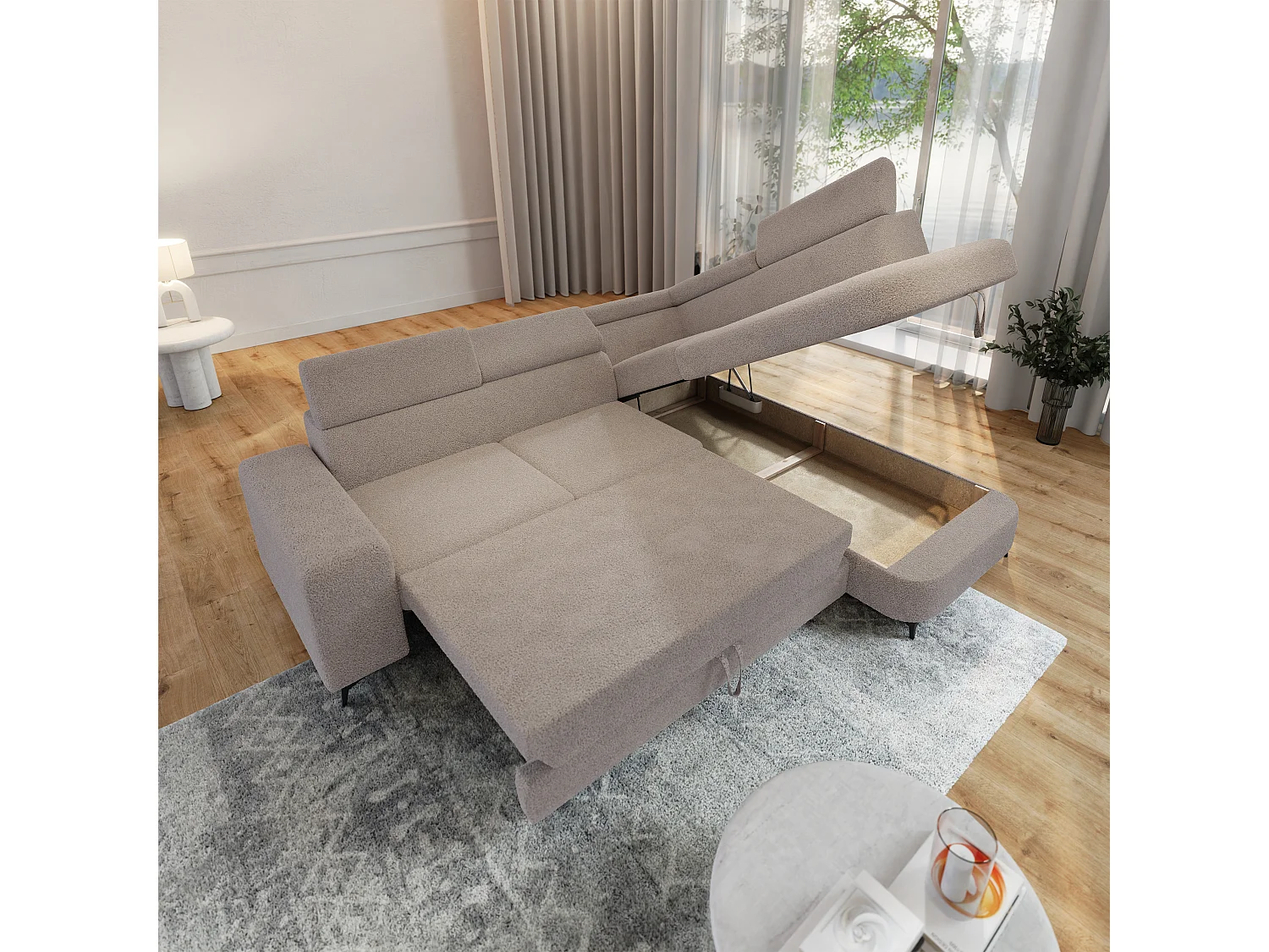 Hoekbank ALVORO van fluweel met slaapfunctie Beige