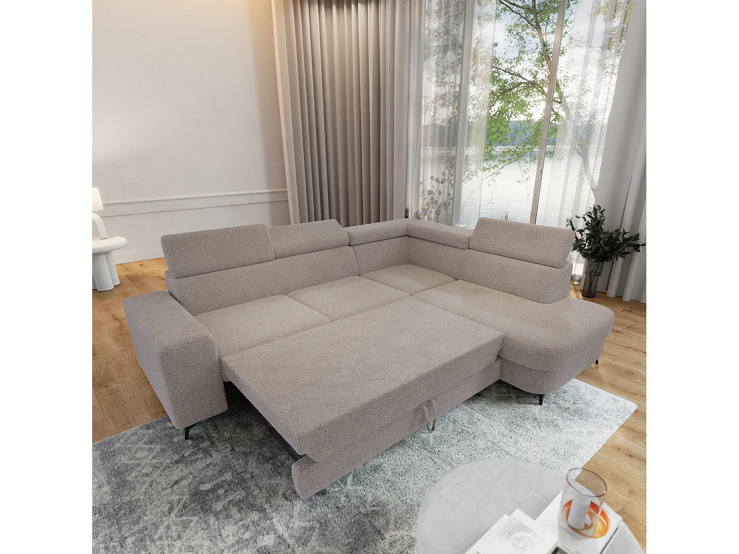 Hoekbank ALVORO van fluweel met slaapfunctie Beige