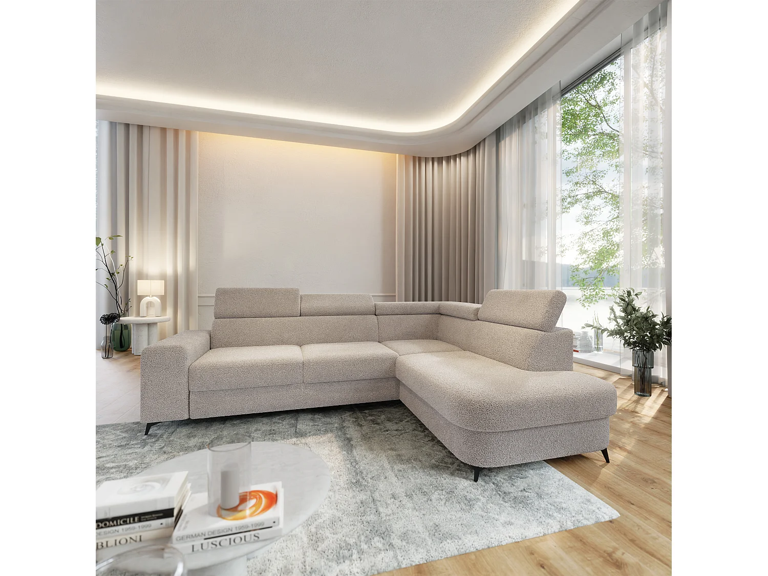 Hoekbank ALVORO van fluweel met slaapfunctie Beige