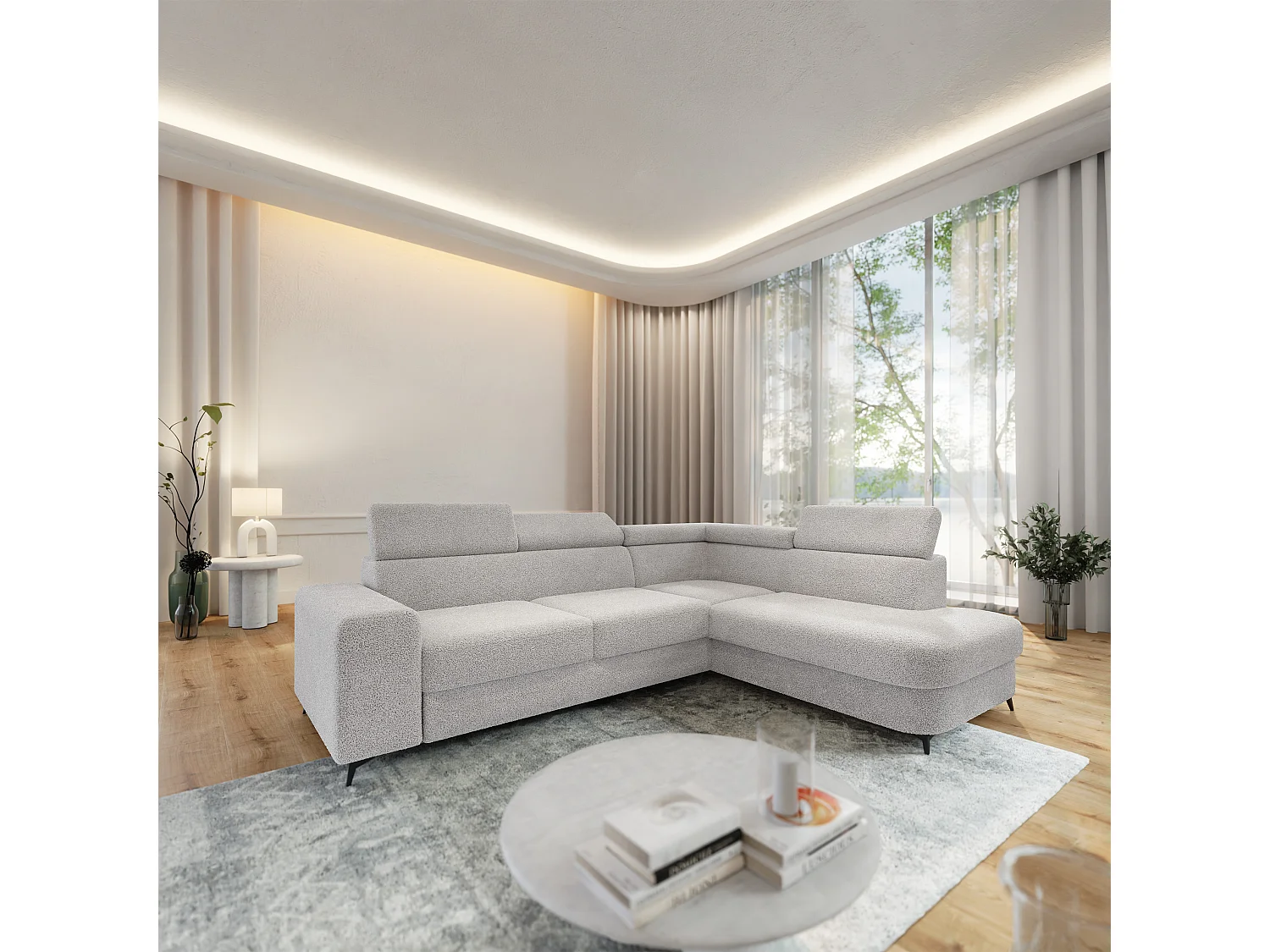 Hoekbank ALVORO van fluweel met slaapfunctie Hellgrau
