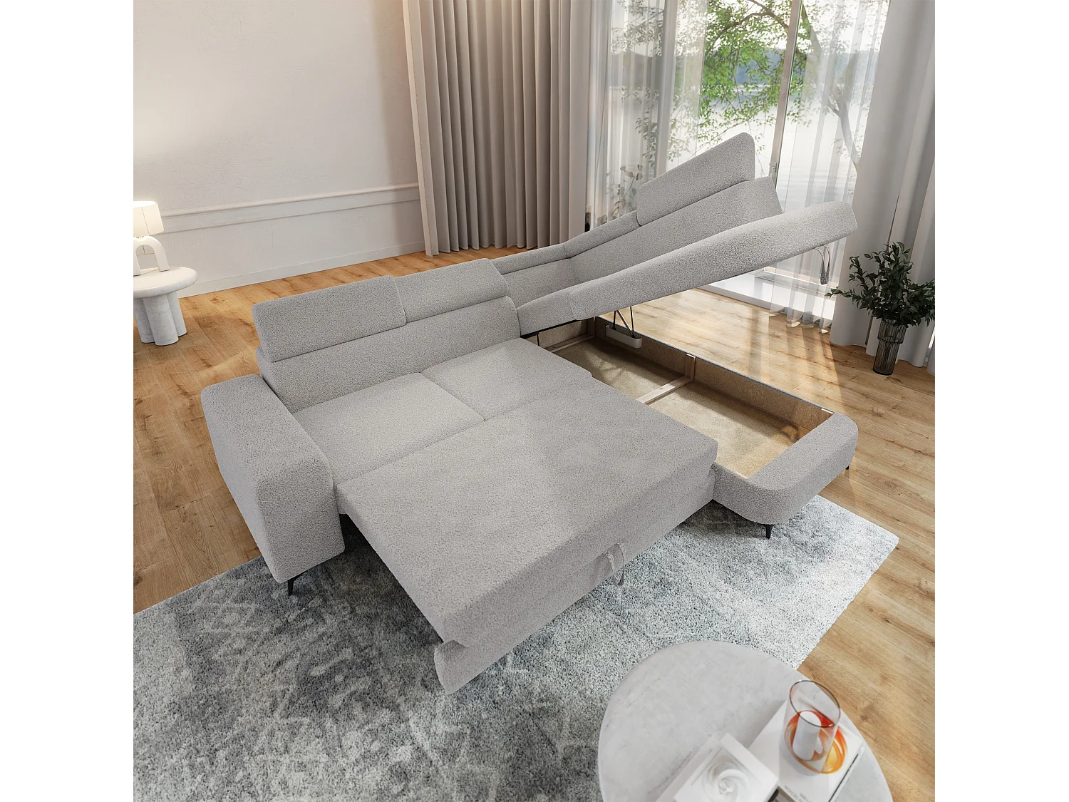 Hoekbank ALVORO van fluweel met slaapfunctie Hellgrau