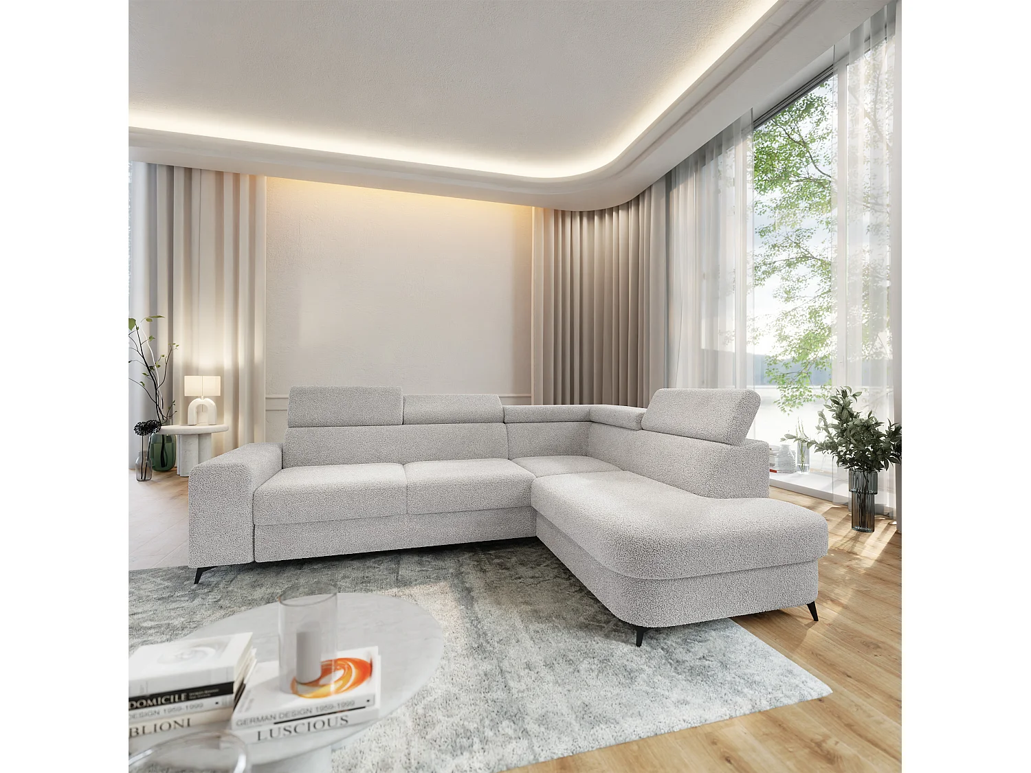 Hoekbank ALVORO van fluweel met slaapfunctie Hellgrau