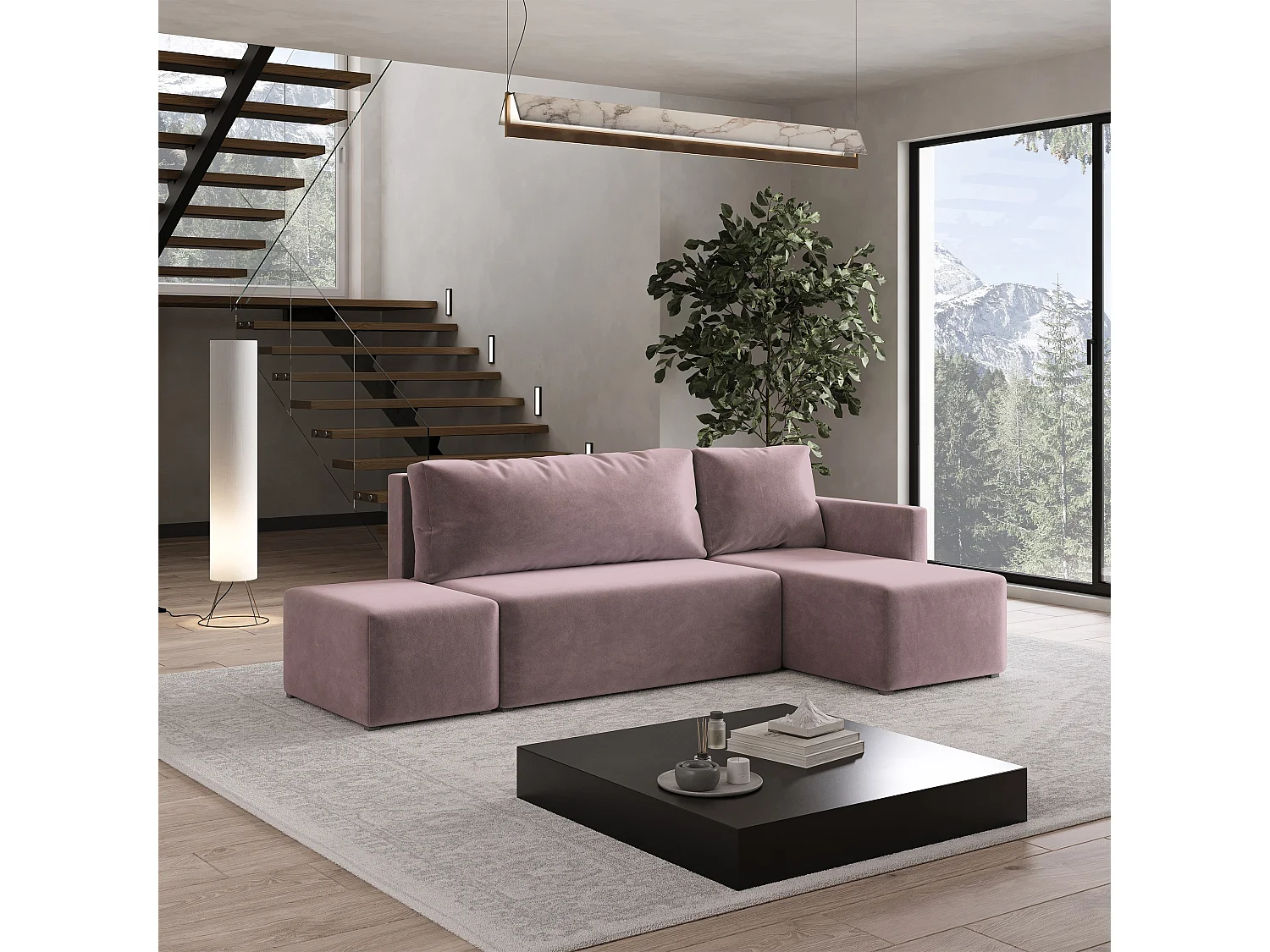 Hoekbank VELOTTI van fluweel met slaapfunctie Rosa