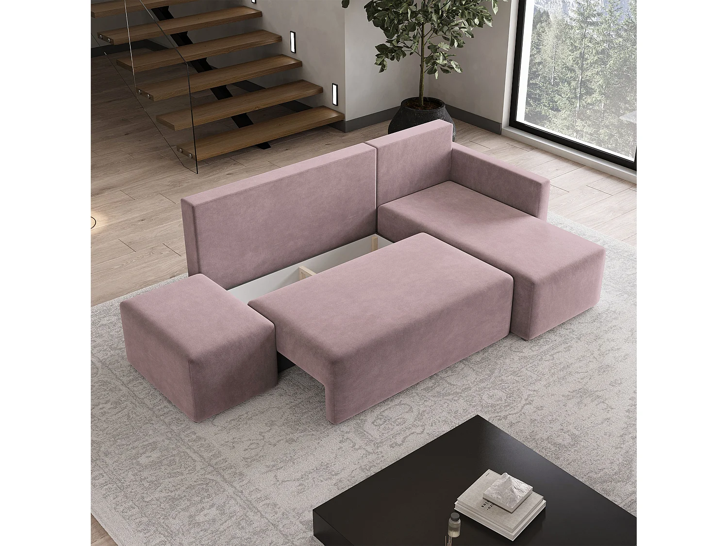 Hoekbank VELOTTI van fluweel met slaapfunctie Rosa