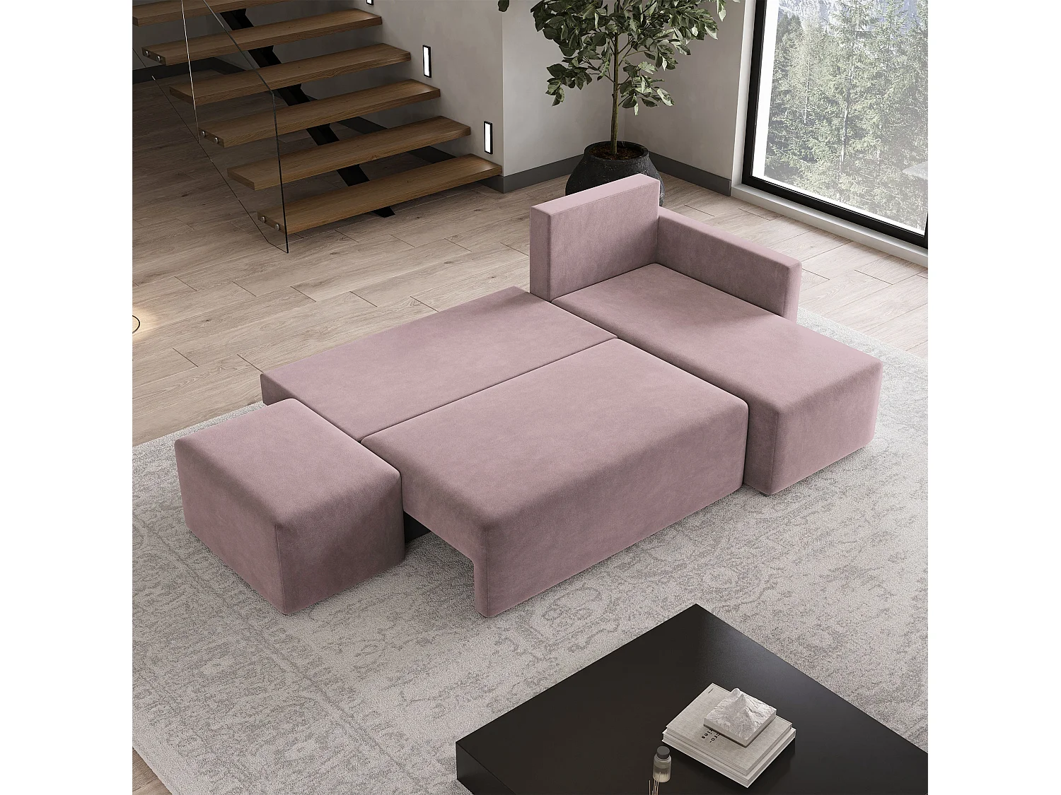 Hoekbank VELOTTI van fluweel met slaapfunctie Rosa