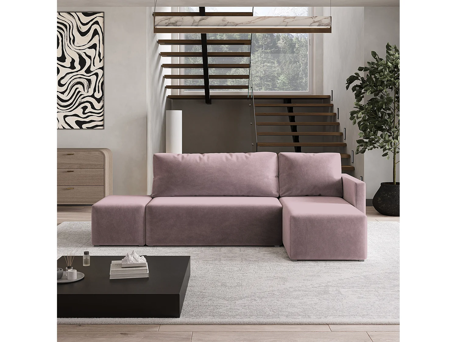 Hoekbank VELOTTI van fluweel met slaapfunctie Rosa