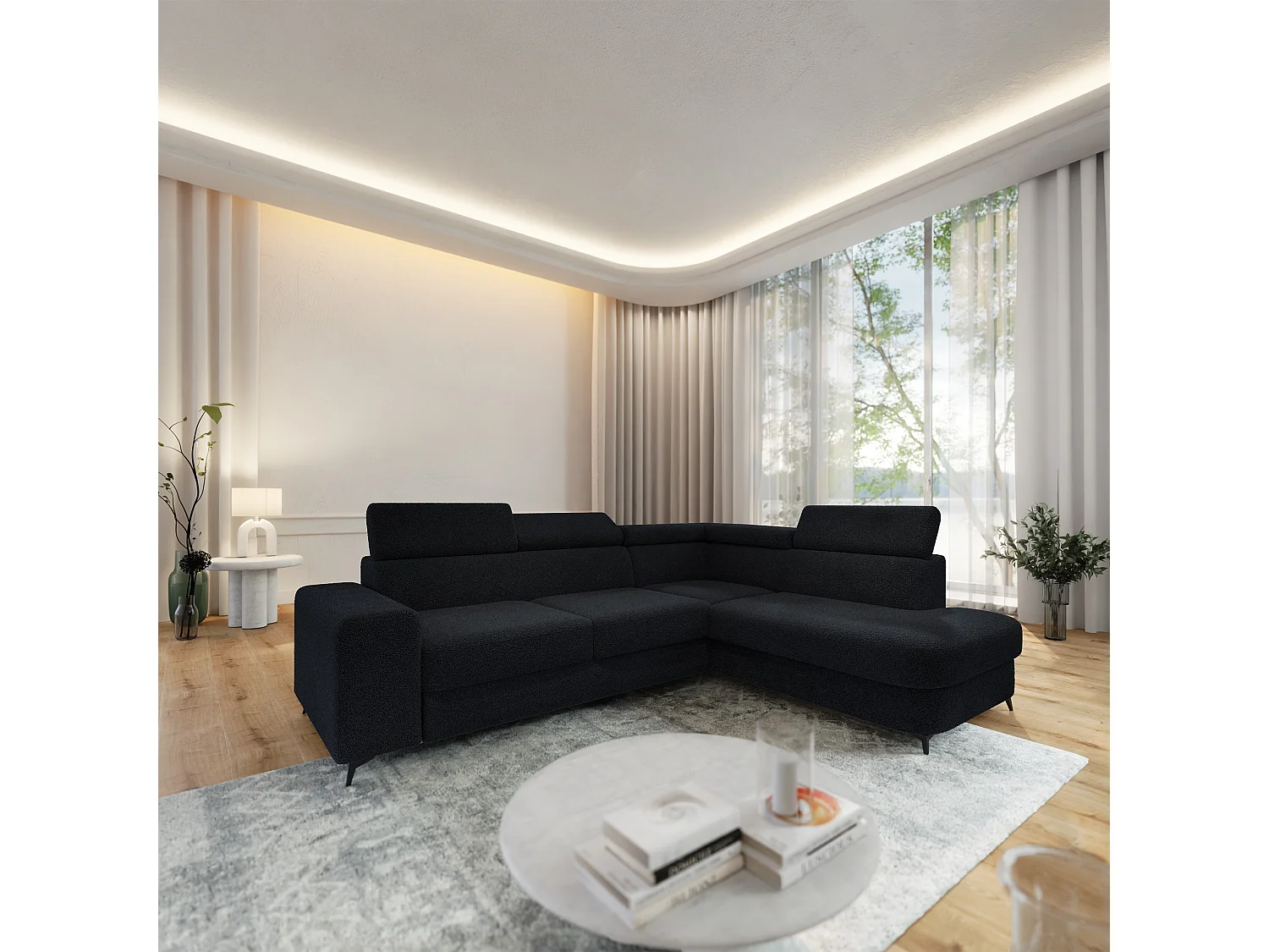 Hoekbank ALVORO van fluweel met slaapfunctie Schwarz