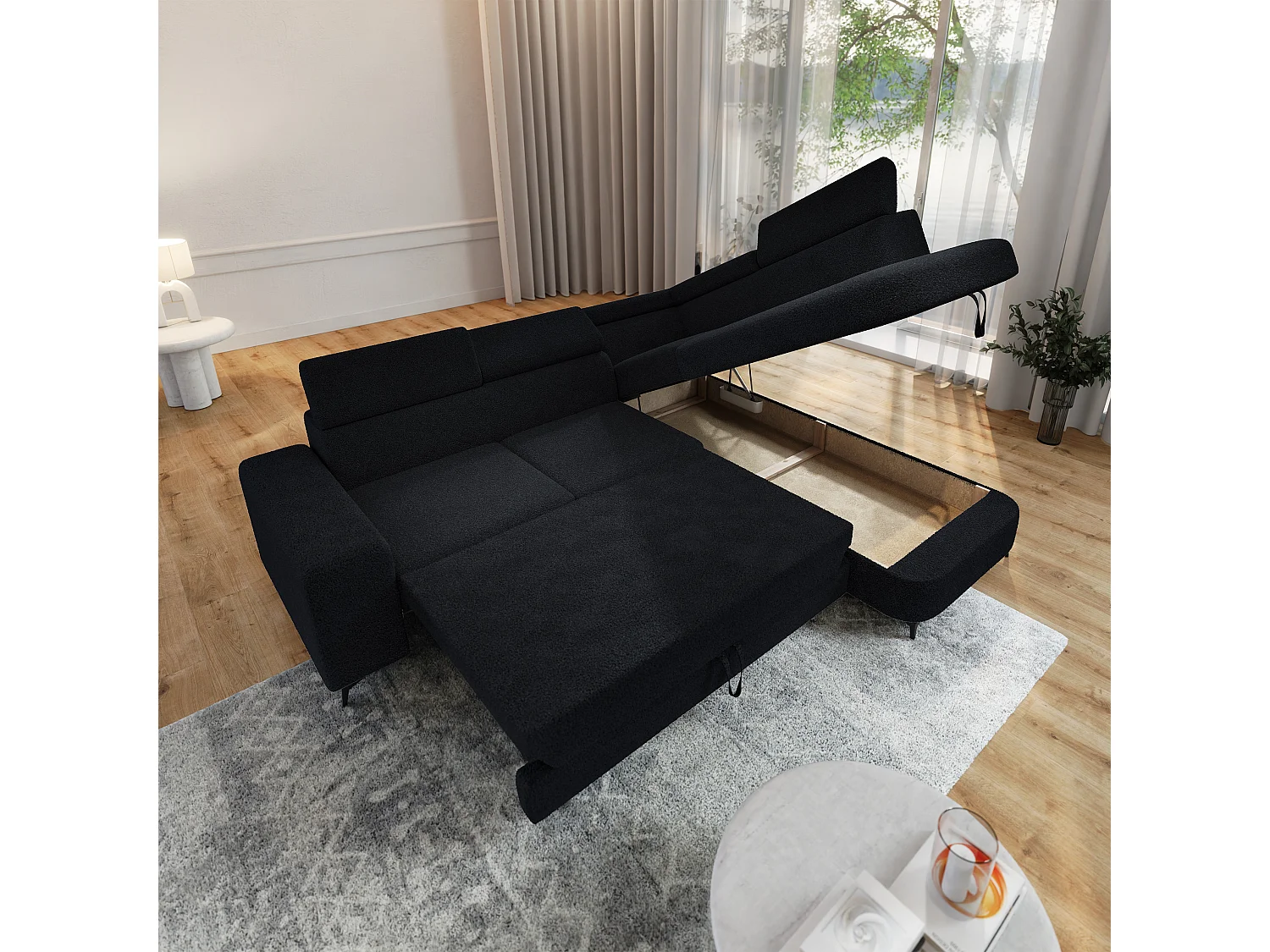 Hoekbank ALVORO van fluweel met slaapfunctie Schwarz