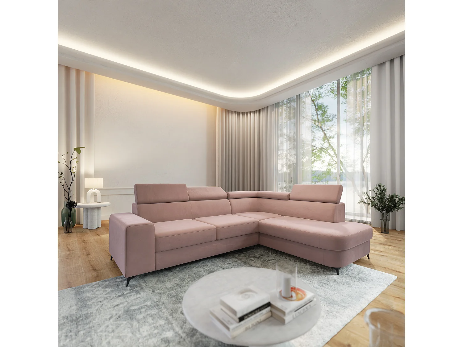 Hoekbank ALVORO van fluweel met slaapfunctie Rosa