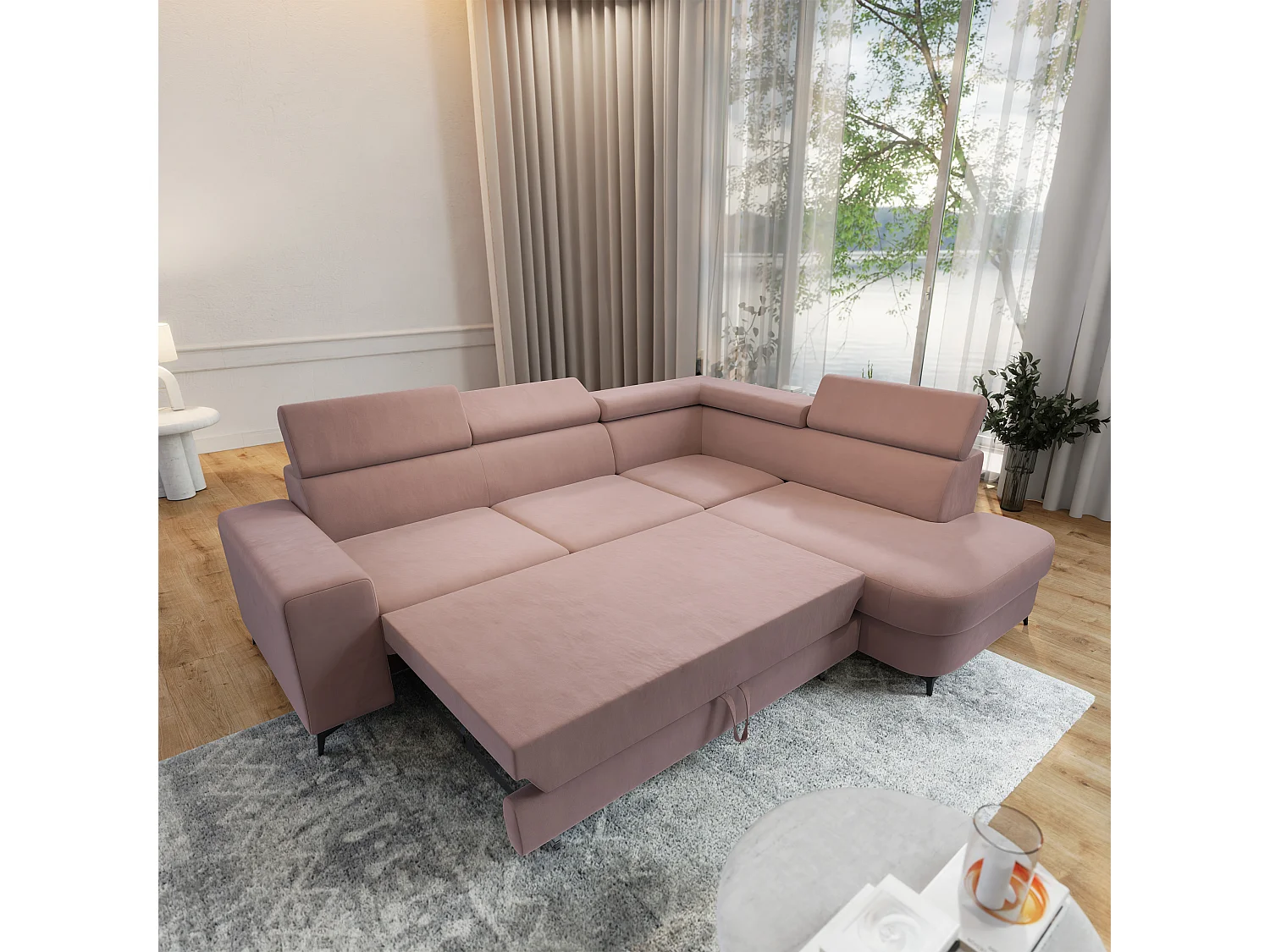 Hoekbank ALVORO van fluweel met slaapfunctie Rosa