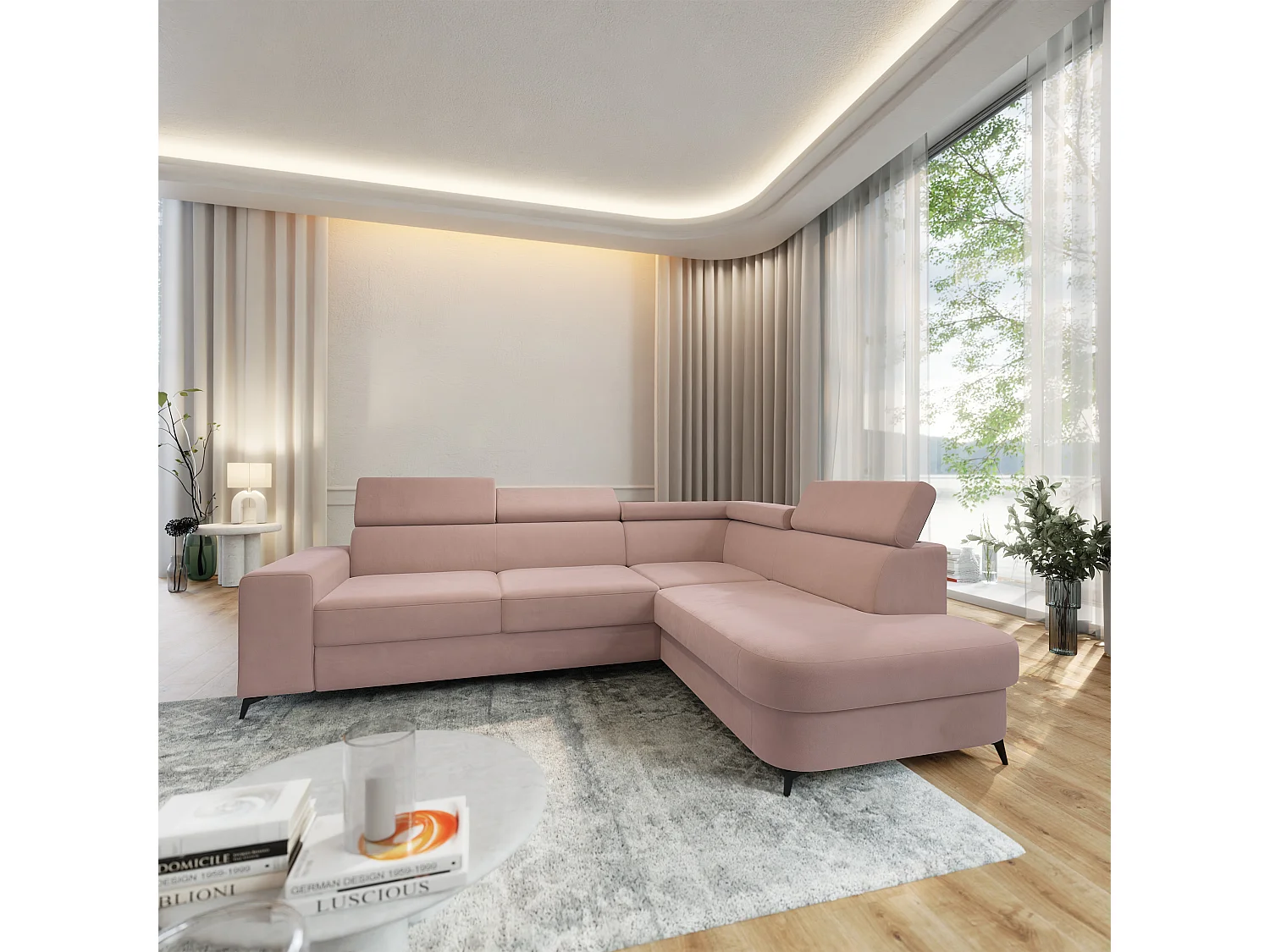 Hoekbank ALVORO van fluweel met slaapfunctie Rosa