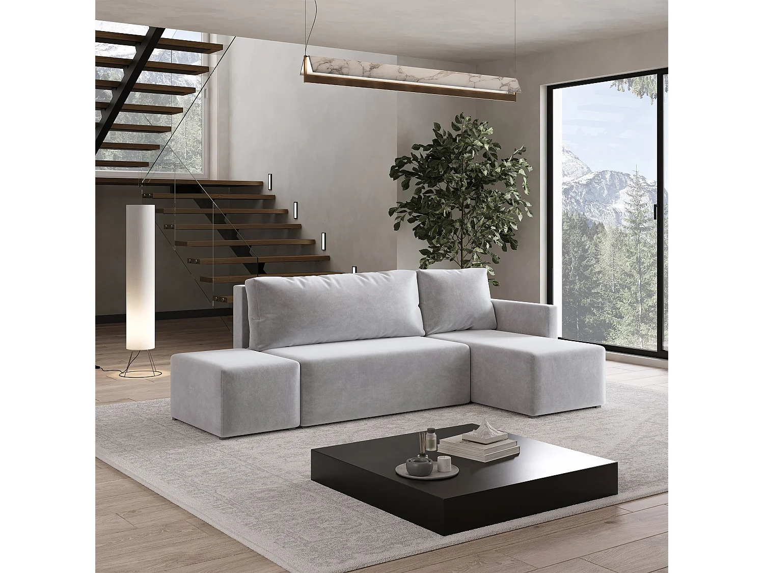 Hoekbank VELOTTI van fluweel met slaapfunctie Hellgrau