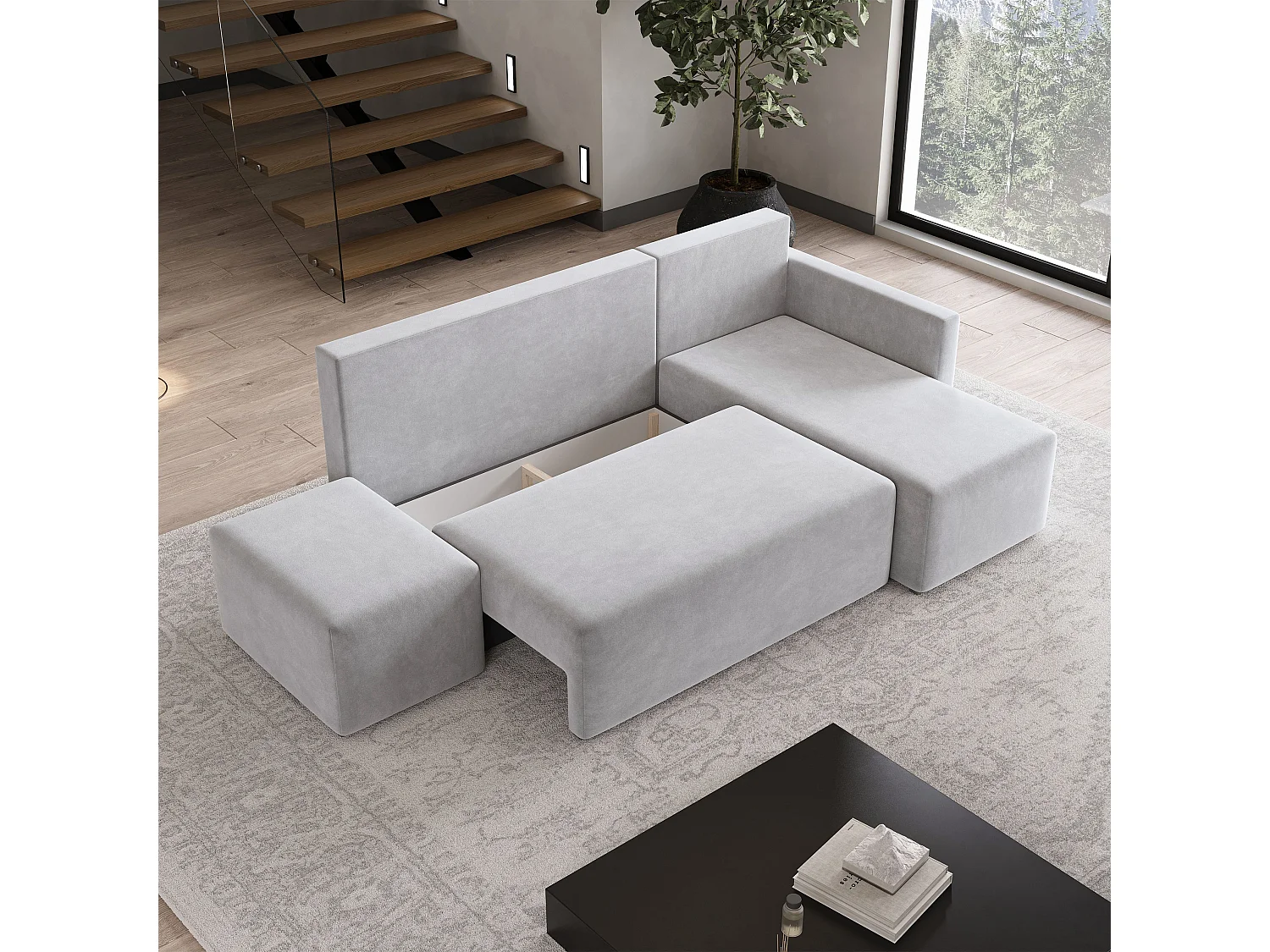 Hoekbank VELOTTI van fluweel met slaapfunctie Hellgrau