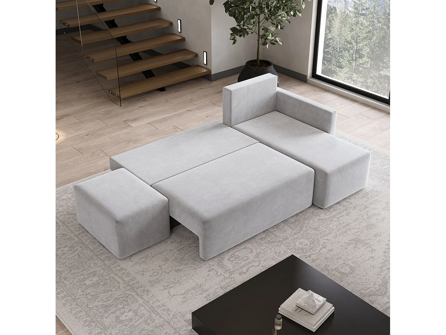 Hoekbank VELOTTI van fluweel met slaapfunctie Hellgrau
