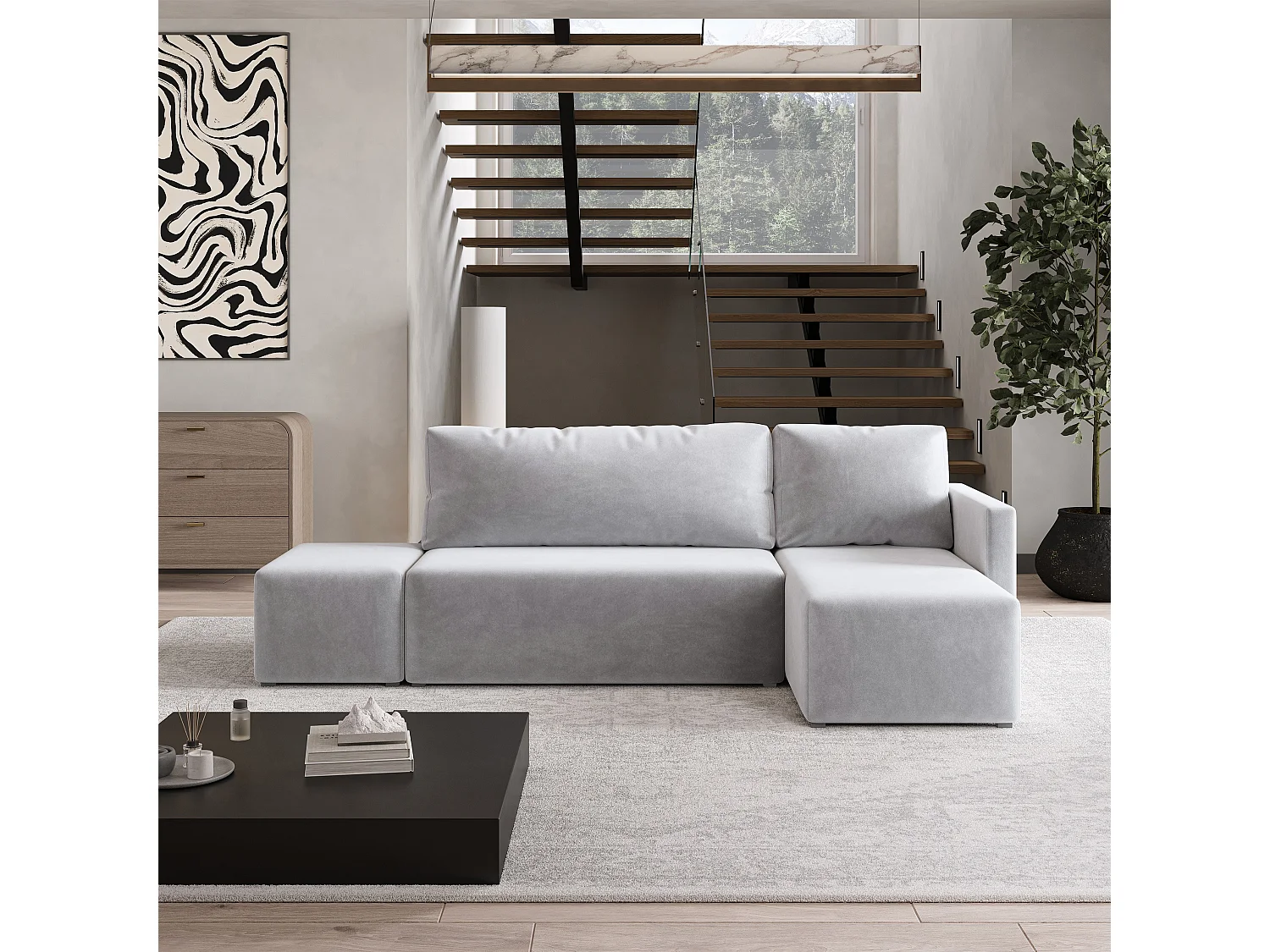 Hoekbank VELOTTI van fluweel met slaapfunctie Hellgrau