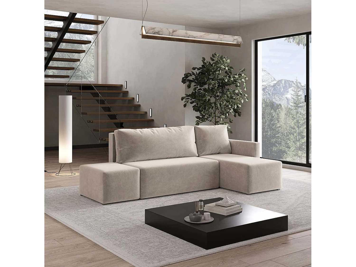 Hoekbank VELOTTI van fluweel met slaapfunctie Beige