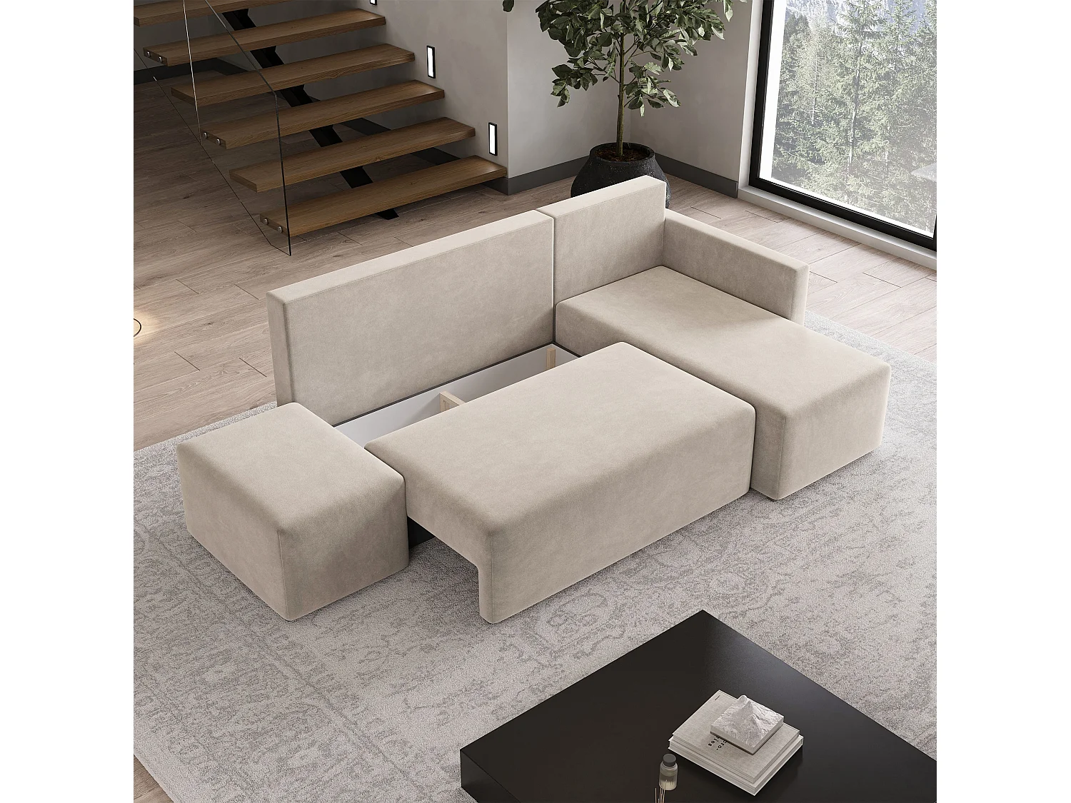 Hoekbank VELOTTI van fluweel met slaapfunctie Beige