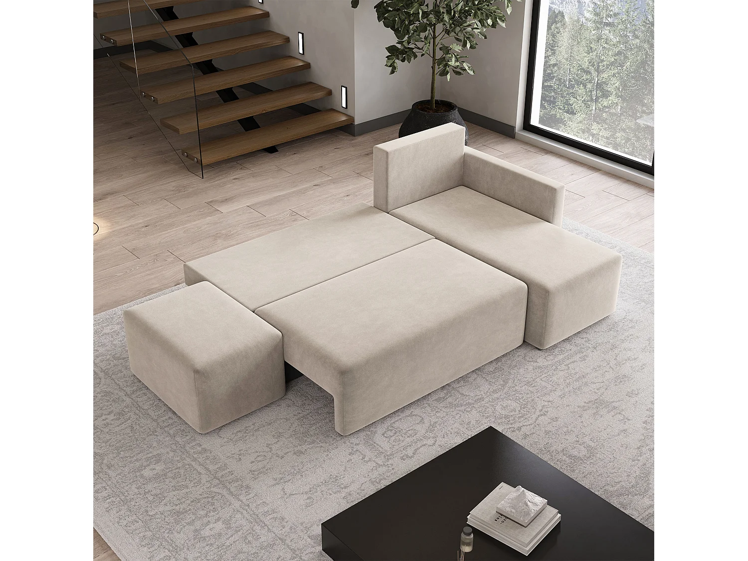 Hoekbank VELOTTI van fluweel met slaapfunctie Beige