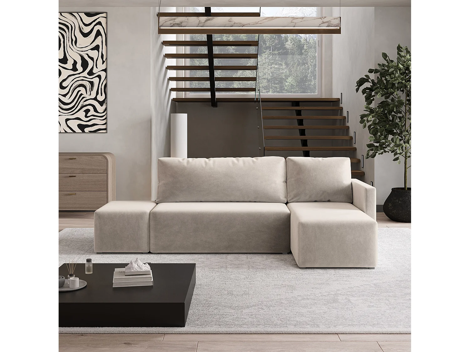 Hoekbank VELOTTI van fluweel met slaapfunctie Beige