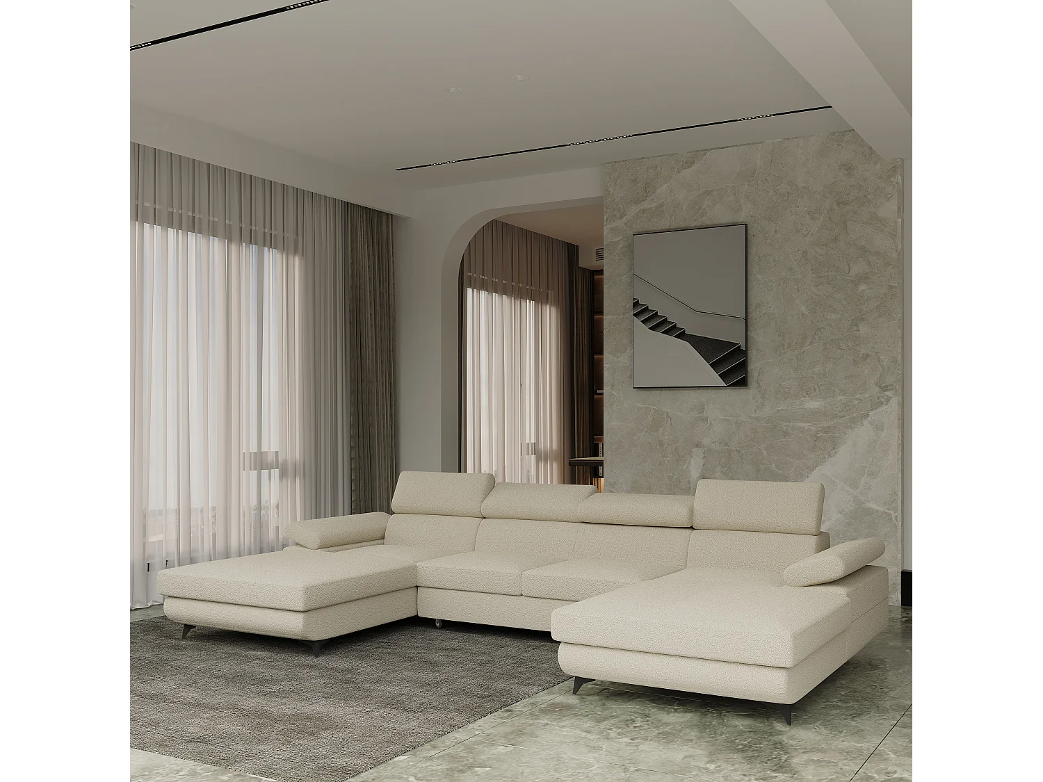 Canapé d'angle DETTI Crème en bouclé avec fonction de couchage