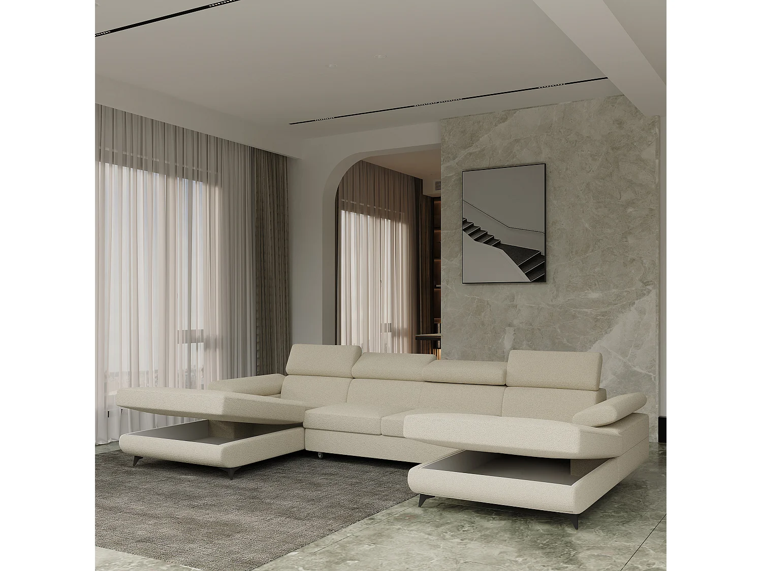 Canapé d'angle DETTI Crème en bouclé avec fonction de couchage