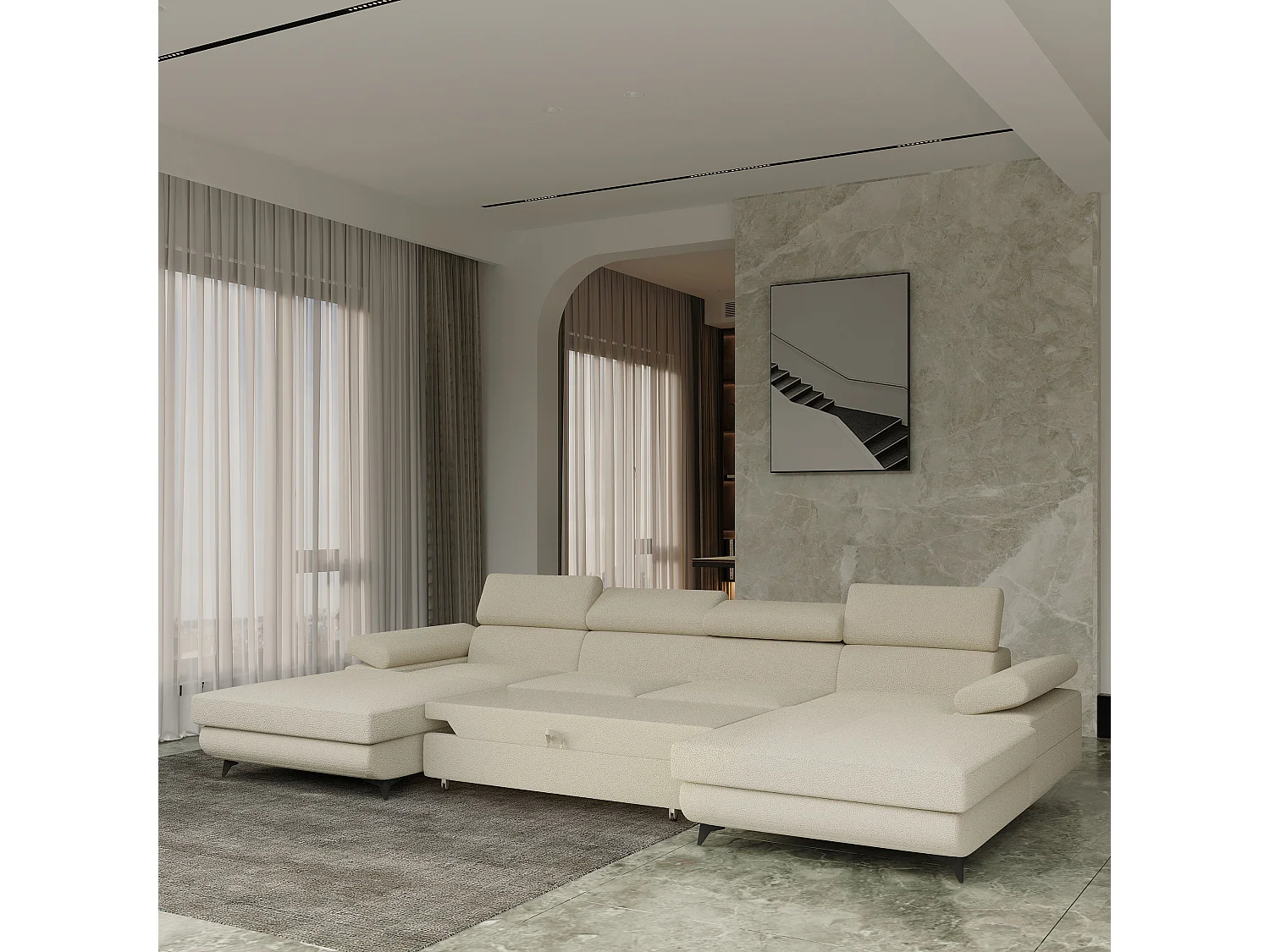 Canapé d'angle DETTI Crème en bouclé avec fonction de couchage