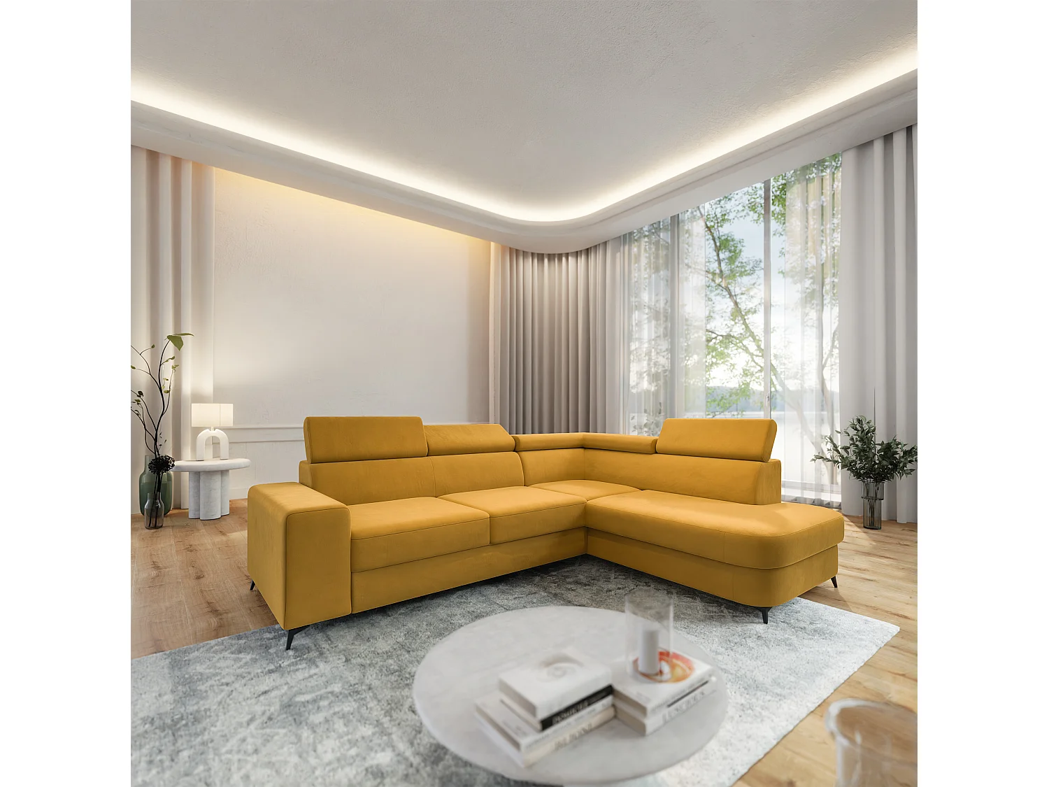 Hoekbank ALVORO van fluweel met slaapfunctie Gelb