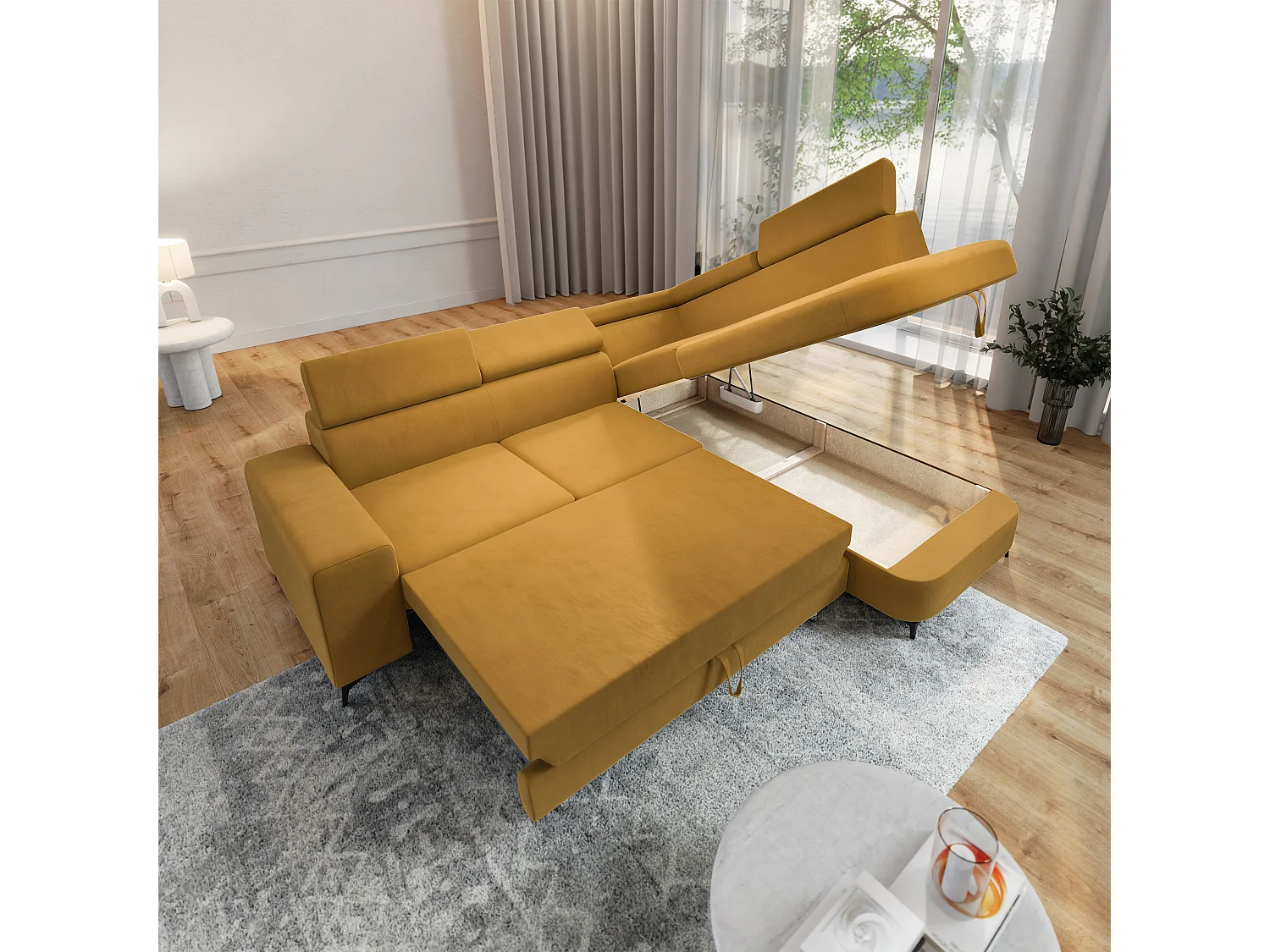 Hoekbank ALVORO van fluweel met slaapfunctie Gelb