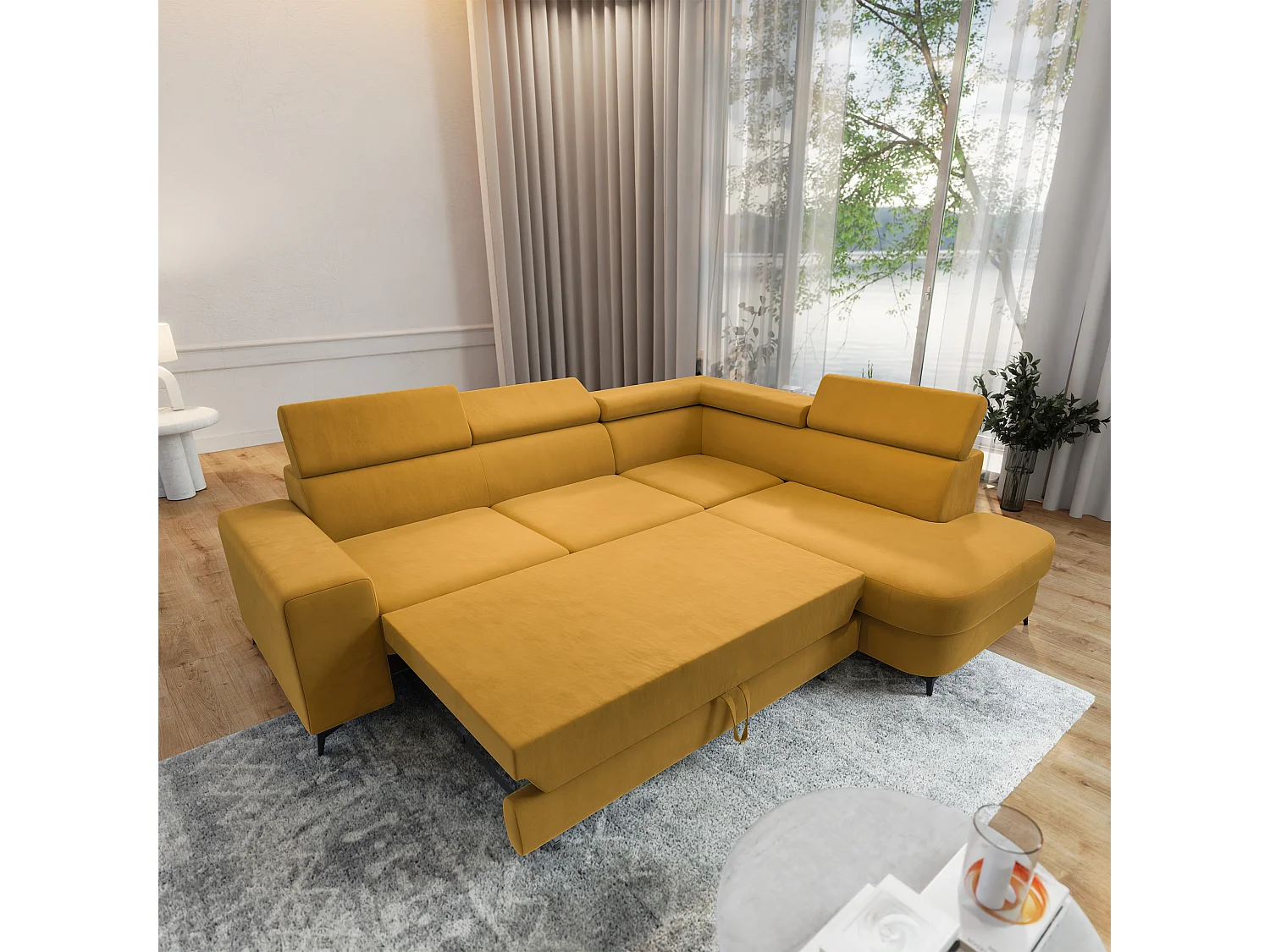 Hoekbank ALVORO van fluweel met slaapfunctie Gelb