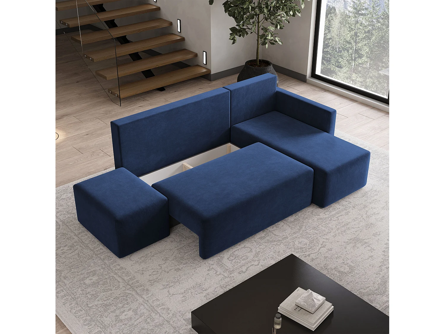 Hoekbank VELOTTI van fluweel met slaapfunctie Blau