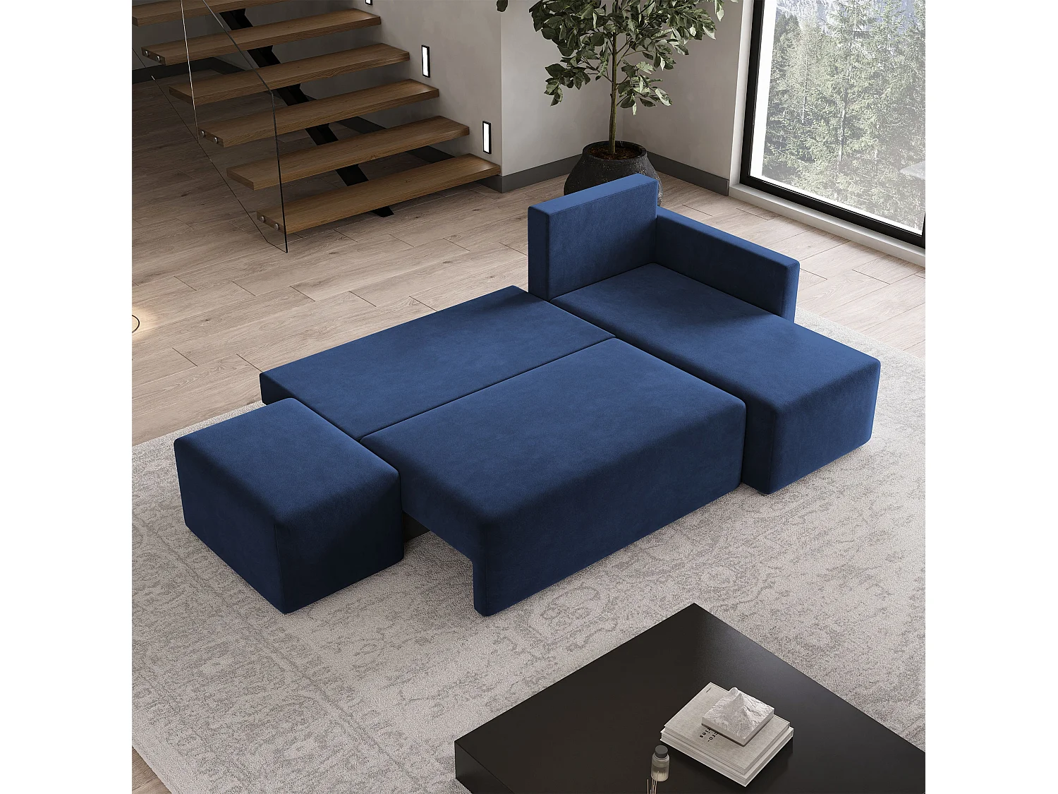 Hoekbank VELOTTI van fluweel met slaapfunctie Blau