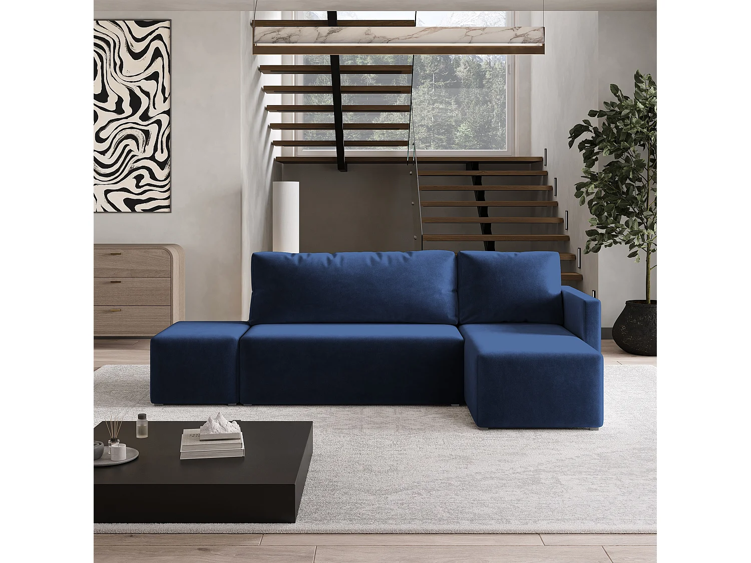 Hoekbank VELOTTI van fluweel met slaapfunctie Blau