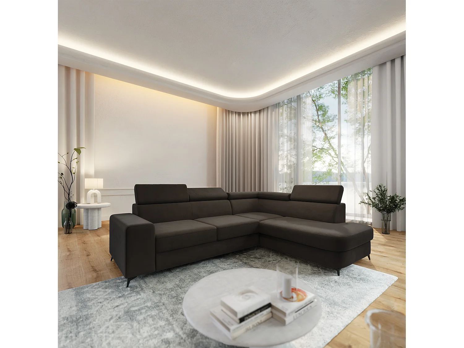 Hoekbank ALVORO van fluweel met slaapfunctie Braun