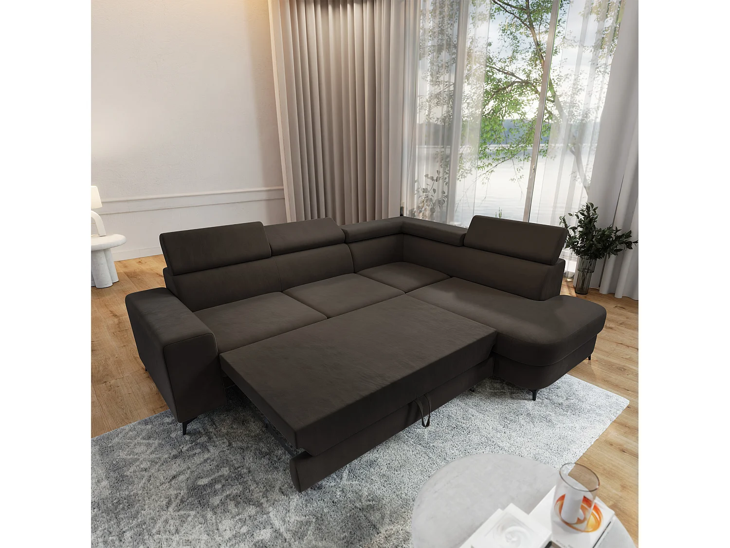 Hoekbank ALVORO van fluweel met slaapfunctie Braun