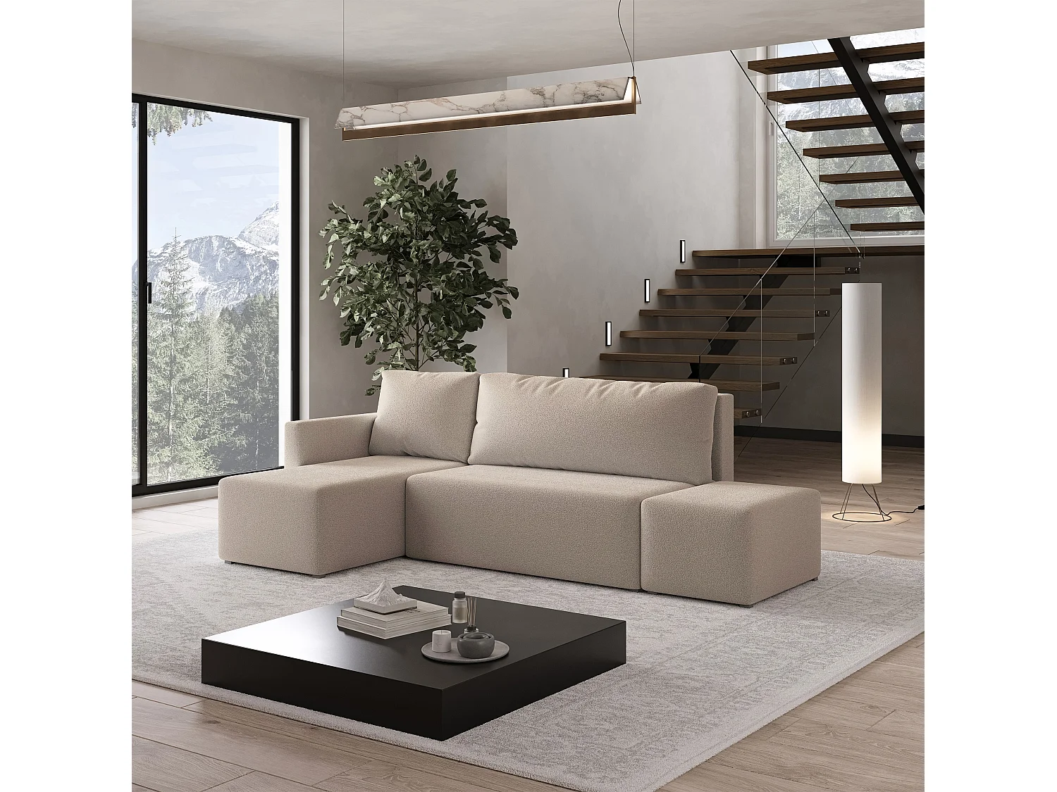 Hoekbank VELOTTI van fluweel met slaapfunctie Beige