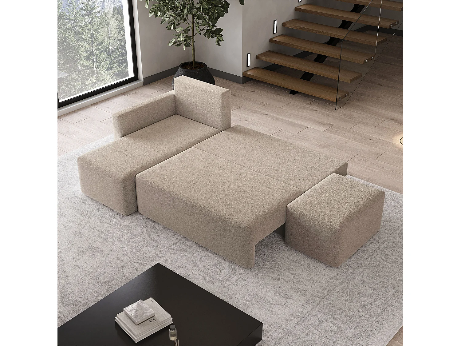 Hoekbank VELOTTI van fluweel met slaapfunctie Beige