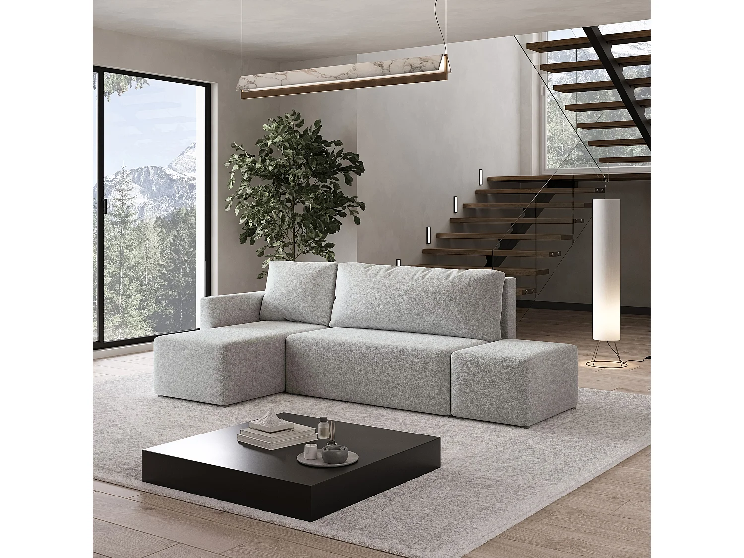 Hoekbank VELOTTI van fluweel met slaapfunctie Hellgrau