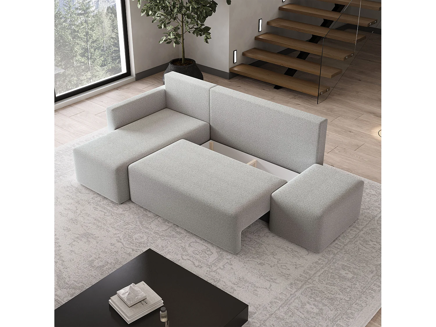 Hoekbank VELOTTI van fluweel met slaapfunctie Hellgrau