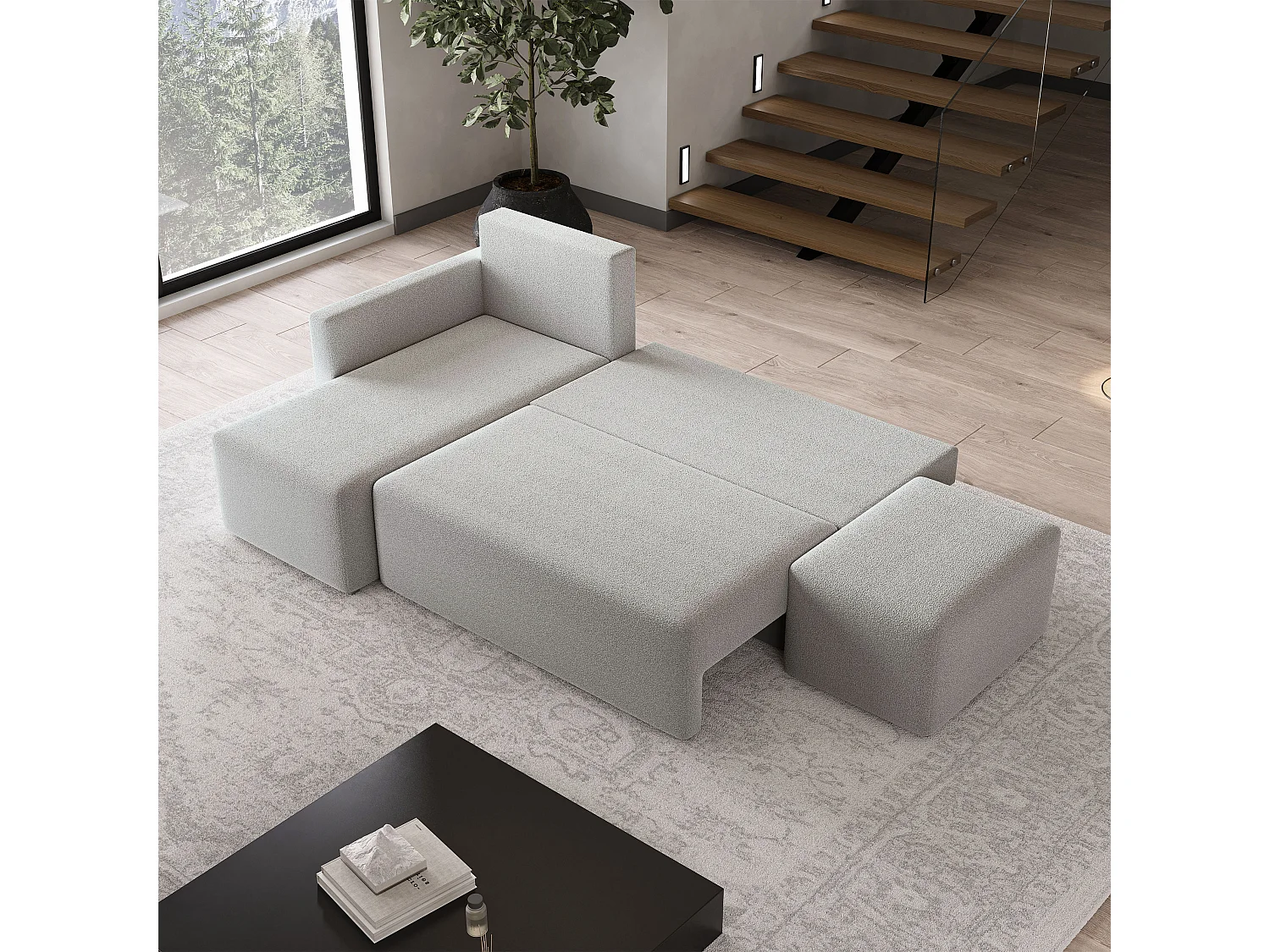 Hoekbank VELOTTI van fluweel met slaapfunctie Hellgrau