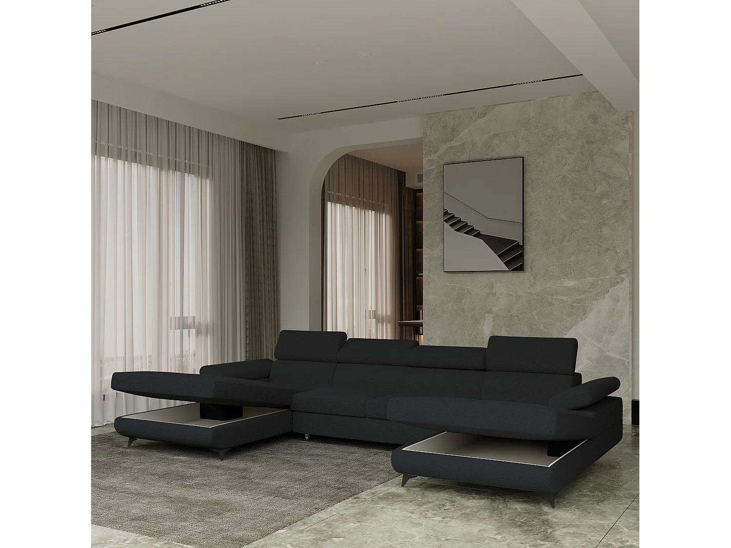 Canapé d'angle DETTI Noir en bouclé avec fonction de couchage