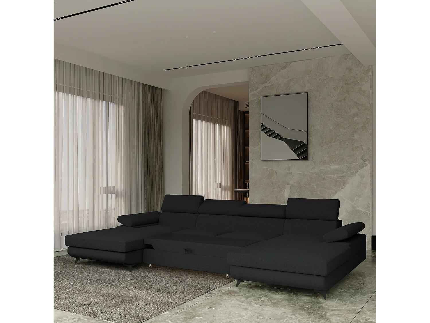 Canapé d'angle DETTI Noir en bouclé avec fonction de couchage