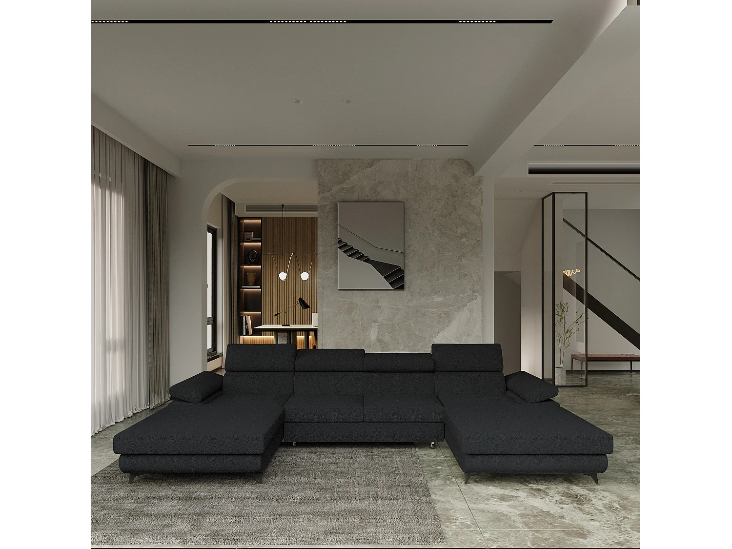 Canapé d'angle DETTI Noir en bouclé avec fonction de couchage