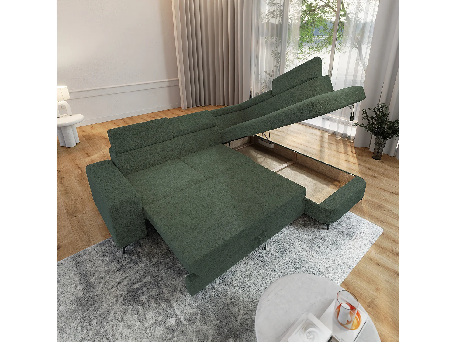Hoekbank ALVORO van fluweel met slaapfunctie Grün