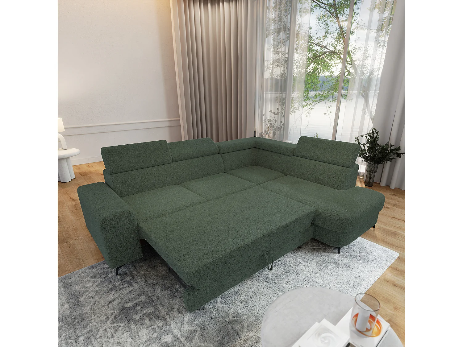 Hoekbank ALVORO van fluweel met slaapfunctie Grün