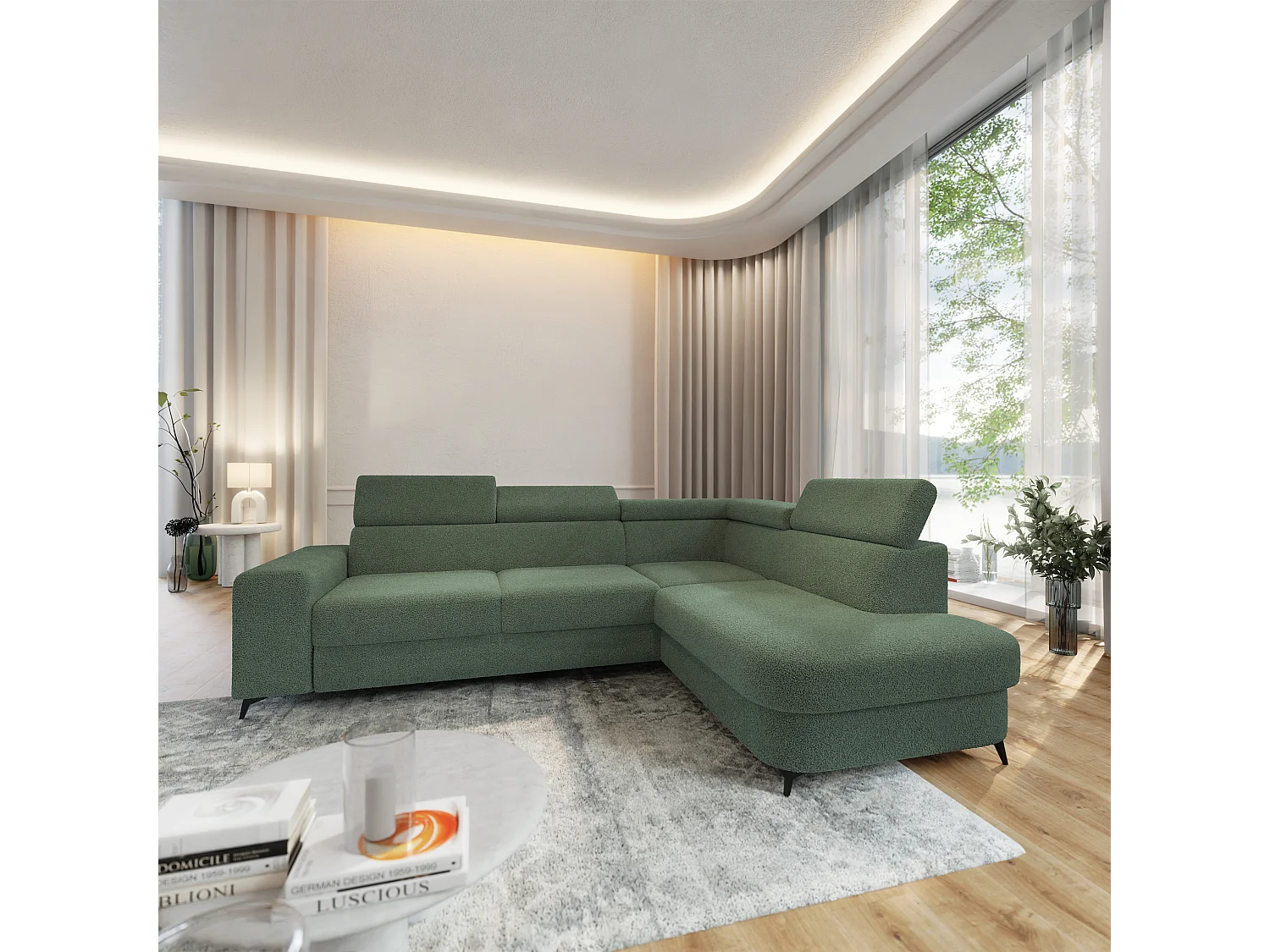 Hoekbank ALVORO van fluweel met slaapfunctie Grün