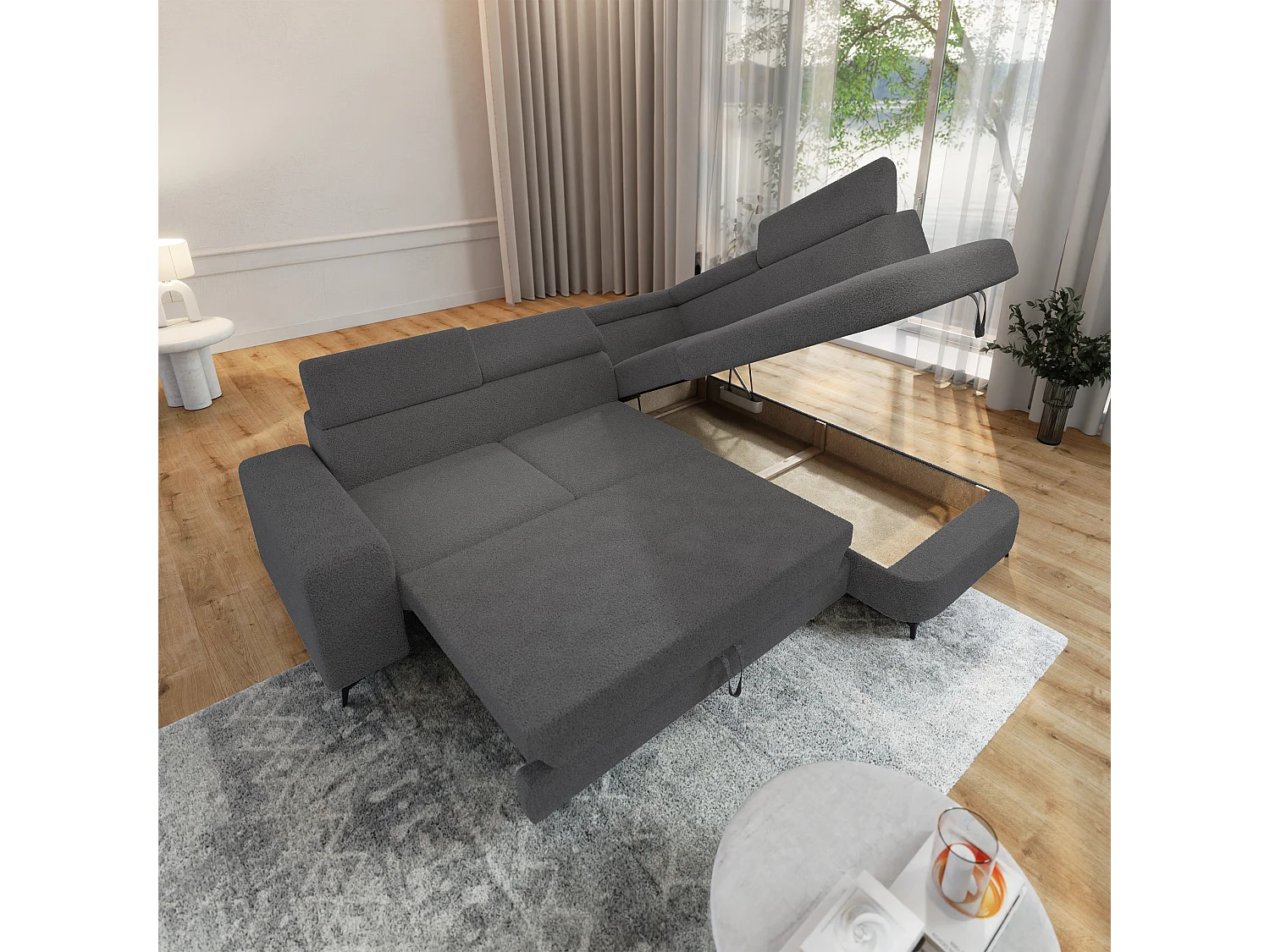 Hoekbank ALVORO van fluweel met slaapfunctie Grau