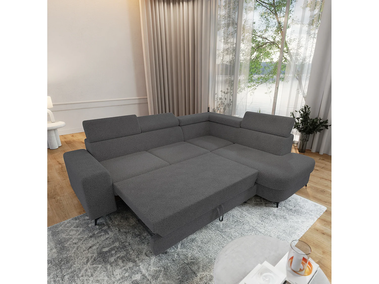 Hoekbank ALVORO van fluweel met slaapfunctie Grau